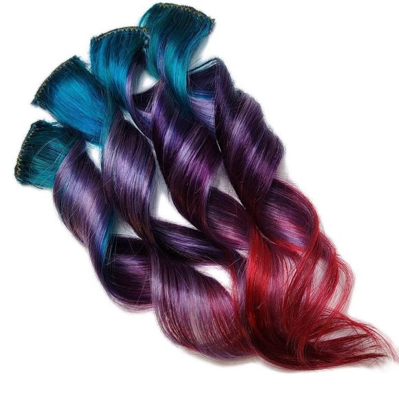 Real Human Hair Extensions Clip in Galaxy Oilslick Purple Blue Red Ombre Colored